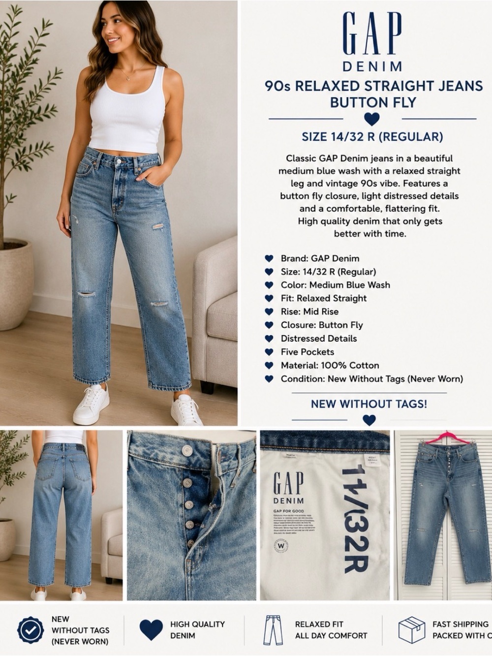 Women’s Boyfriend Jeans Size 14/32R – New Without Tags